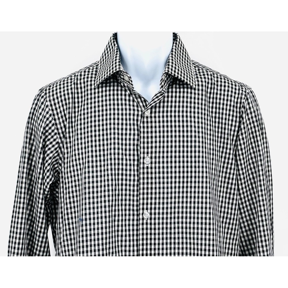 STACY ADAMS Gingham Dress Shirt Black & White Cotton Blend Men's Med 15.5 Neck